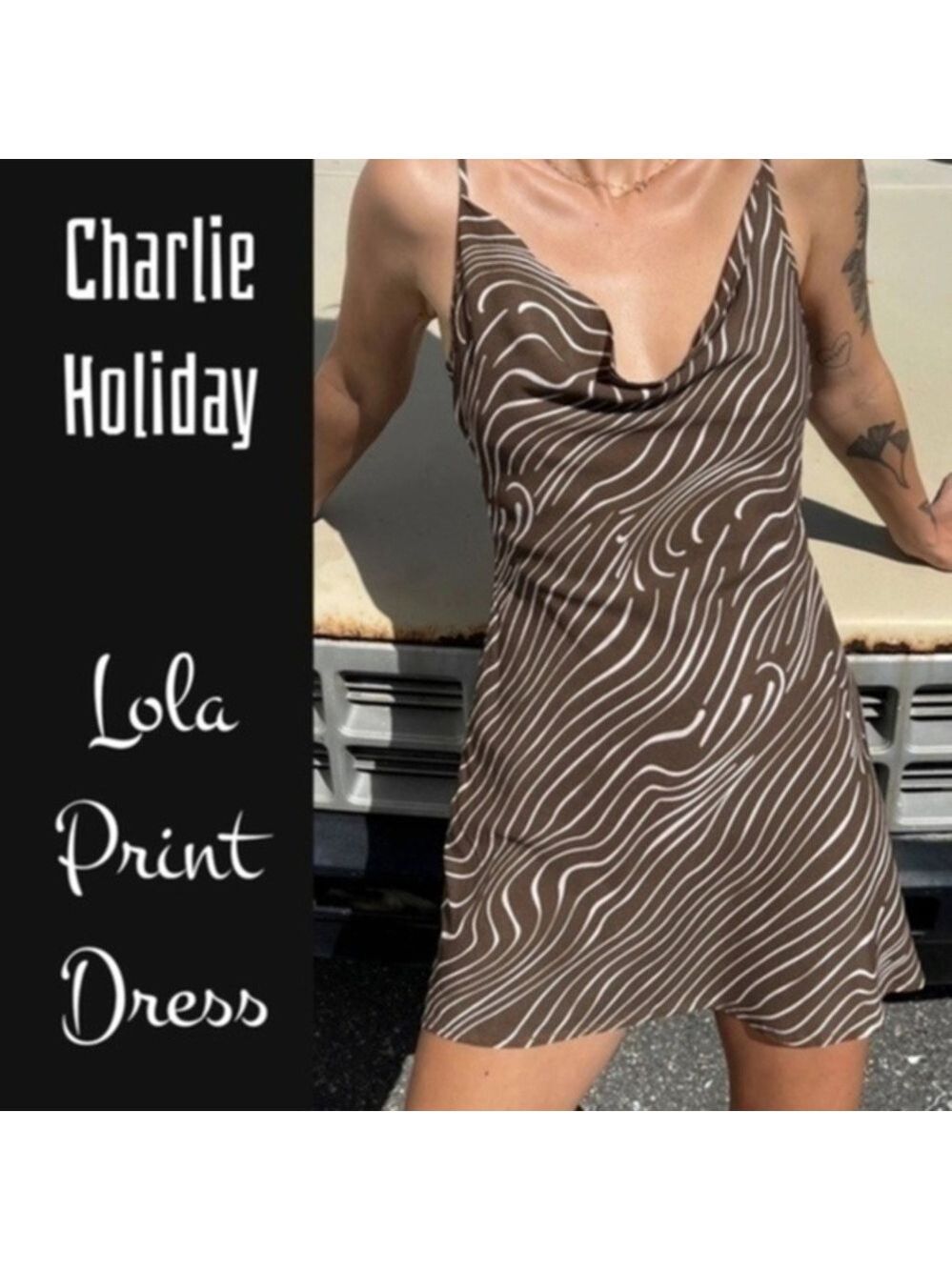 CHARLIE HOLIDAY Lola Brown Zebra Print Cowl-Neck Back Tie Mini Slip Dress/Lg NWT